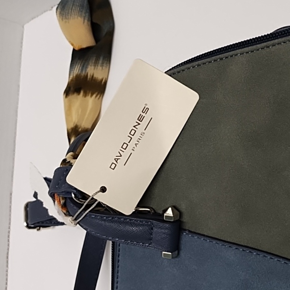 Colorblock Suede & Faux Leather Tote Bag with Scarf Accent – Navy & Gray - Picture 7 of 8